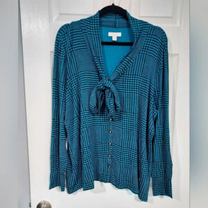 Charter Club Teal Blue & Black Houndstooth Tieneck Long Sleeve Blouse in Size 2X